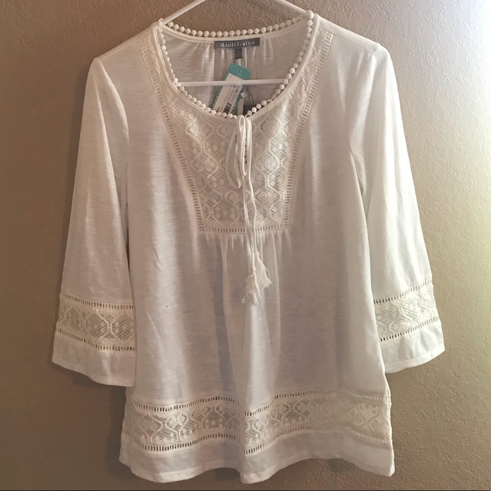 Caramelli Tie Tassel Crochet Neckline Knot Top